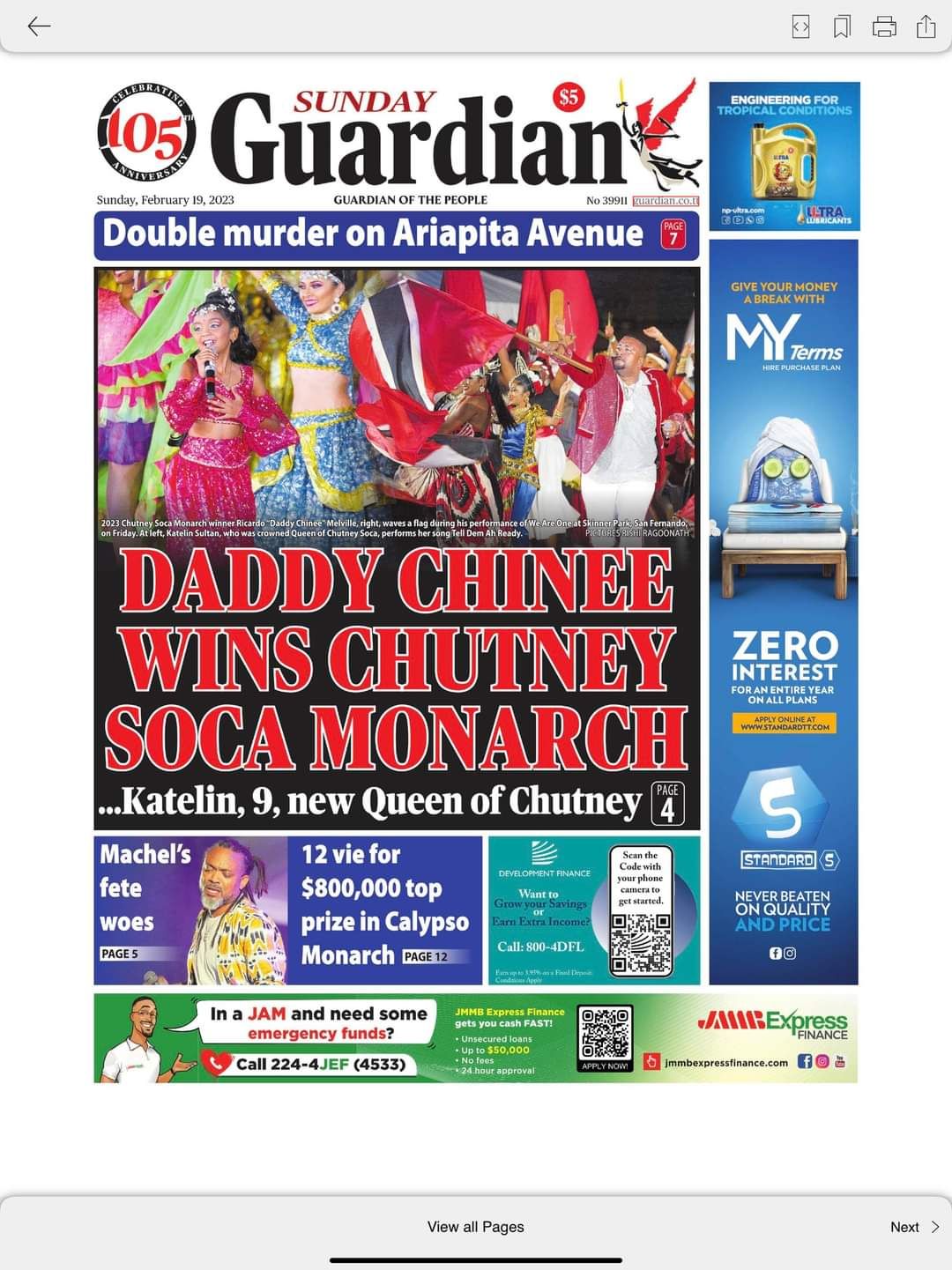 The Sunday Guardian front page featuring Daddy Chinee winning Chutney Soca Monarch