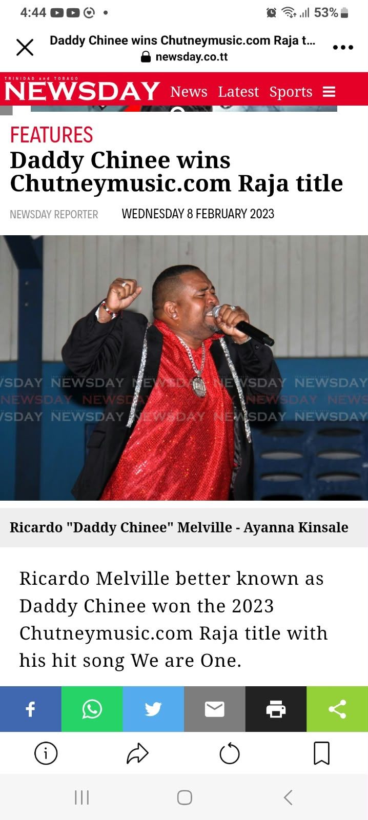 Newsday feature about Daddy Chinee winning the Chutneymusic.com Raja title